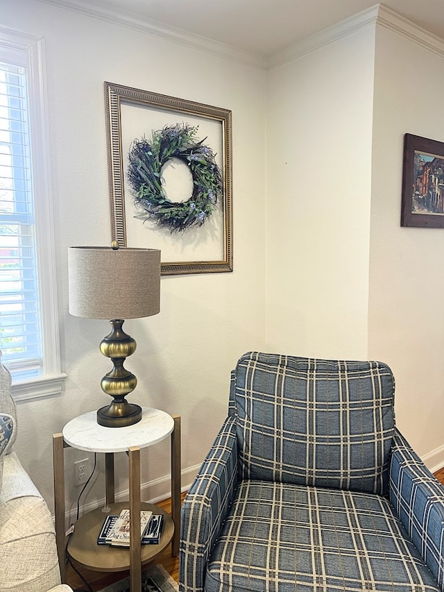 sitting room with ornamental molding and a wealth of natural light