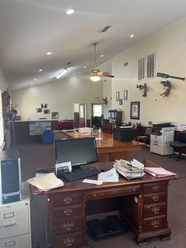 office space featuring high vaulted ceiling, recessed lighting, and visible vents