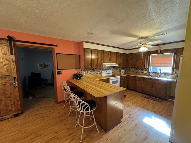 145 Robin Ln, Bainbridge, GA 39819 - kitchen featuring electric stove, a textured ceiling, light wood-type flooring, a peninsula, and a kitchen bar