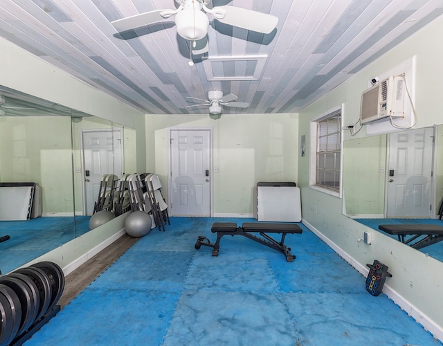 1107 Douglas Dr, Bainbridge, GA 39819 - exercise area featuring a ceiling fan, a wall mounted AC, and baseboards