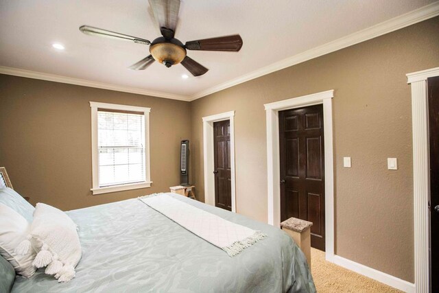 179 Azalea Cir, Bainbridge, GA 39819 - bedroom featuring light carpet, ornamental molding, baseboards, ceiling fan, and recessed lighting