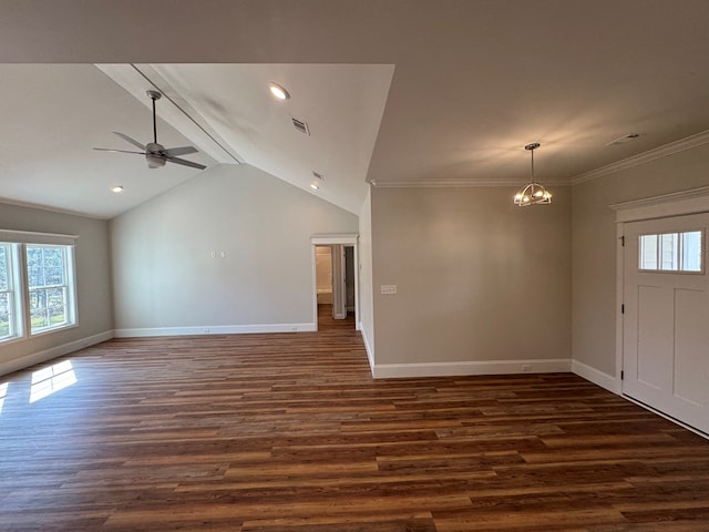 unfurnished living room with vaulted ceiling with beams, dark wood-style floors, plenty of natural light, and baseboards