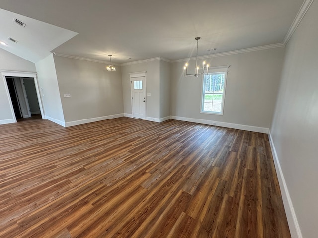 interior space with baseboards, visible vents, ornamental molding, dark wood-style flooring, and a chandelier