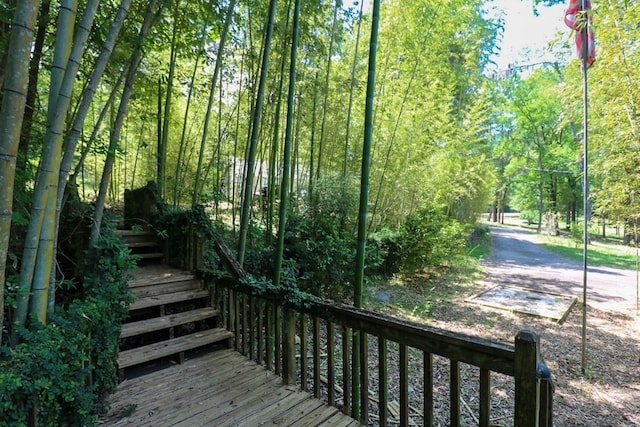 407 Lakeshore Dr, Bainbridge, GA 39819 - deck with a forest view and stairs