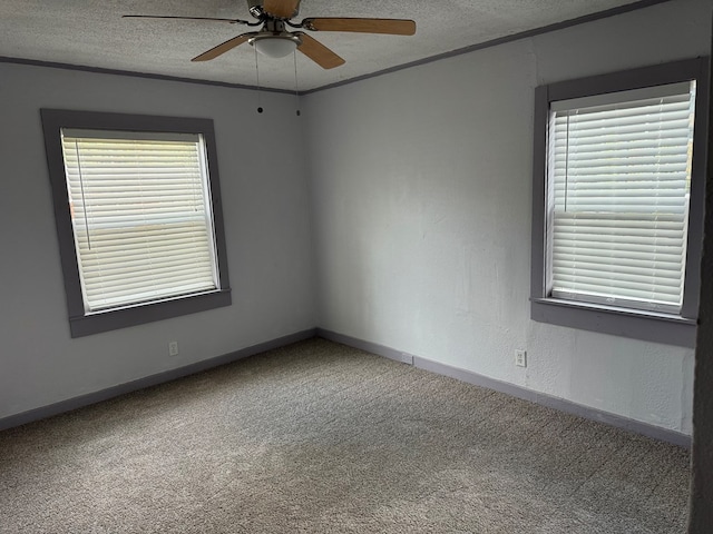 spare room featuring carpet, a textured ceiling, and a healthy amount of sunlight