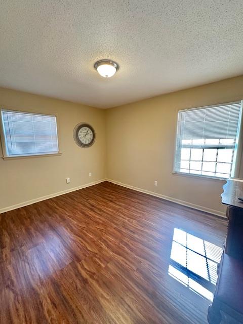 spare room featuring a textured ceiling and dark hardwood / wood-style flooring