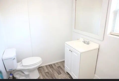 bathroom with wood-type flooring, vanity, and toilet