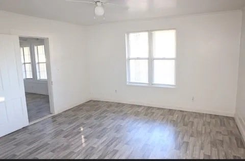 spare room with hardwood / wood-style flooring, ceiling fan, and a healthy amount of sunlight