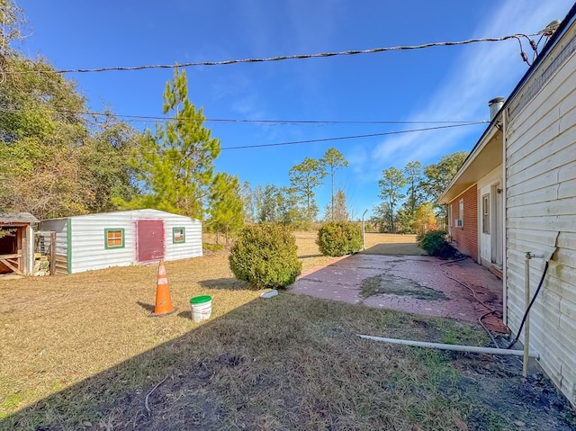 view of yard with a patio and a storage unit