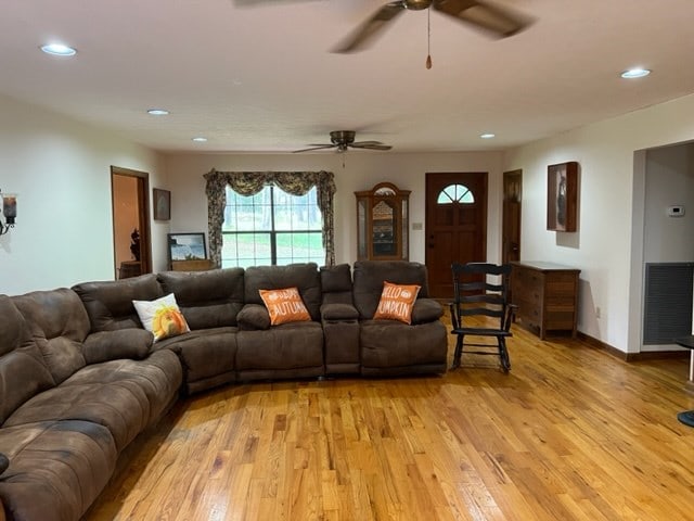 267 Providence Rd, Whigham, GA 39897 - living room featuring ceiling fan, light wood-style floors, recessed lighting, and baseboards