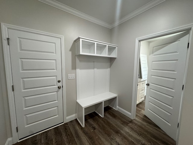 mudroom featuring crown molding, baseboards, and dark wood-type flooring