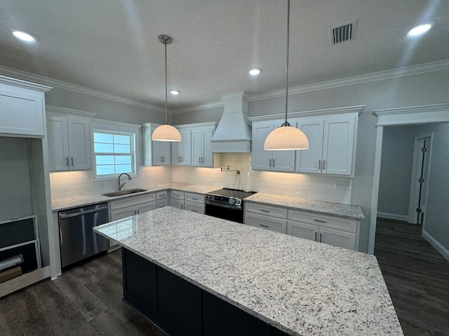 kitchen with a sink, stainless steel appliances, ornamental molding, and custom exhaust hood