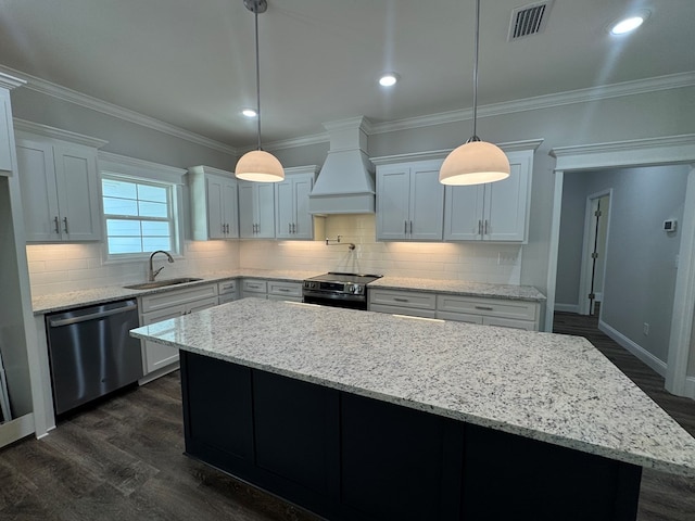 kitchen with appliances with stainless steel finishes, crown molding, a sink, and custom exhaust hood