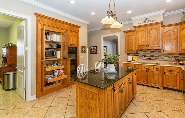 kitchen with a center island, crown molding, decorative backsplash, light tile patterned floors, and decorative light fixtures