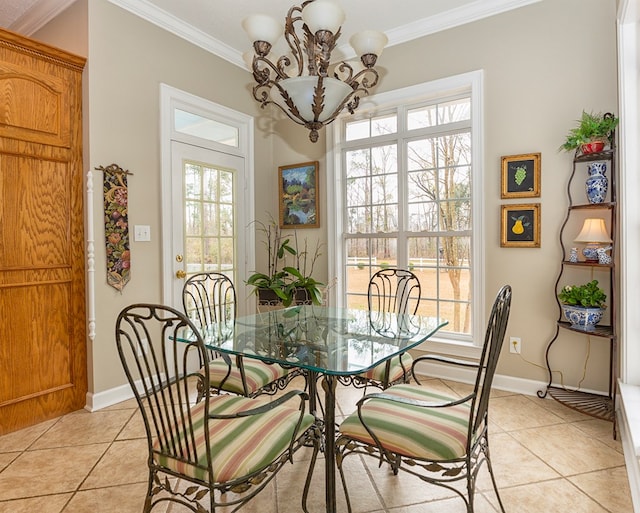 dining area featuring plenty of natural light, light tile patterned floors, ornamental molding, and an inviting chandelier