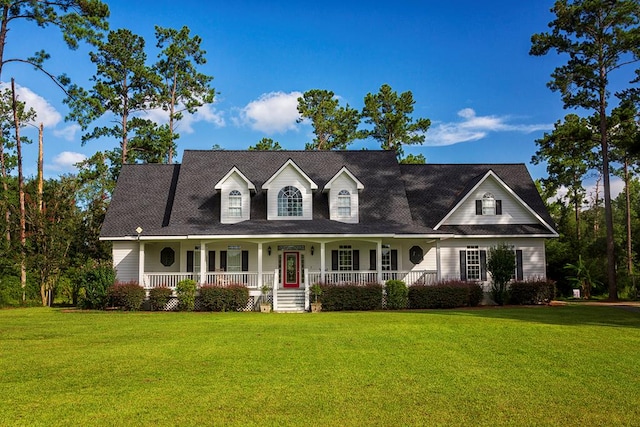 cape cod-style house featuring covered porch and a front lawn