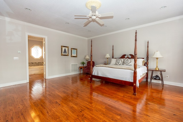 bedroom with ceiling fan, hardwood / wood-style floors, a textured ceiling, and ornamental molding