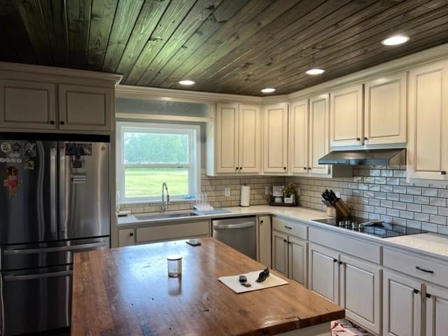 1104 Old Thomasville Rd, Cairo, GA 39828 - kitchen with appliances with stainless steel finishes, wooden counters, under cabinet range hood, decorative backsplash, and wooden ceiling