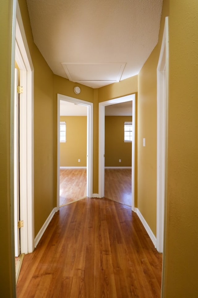 hallway with baseboards and wood finished floors