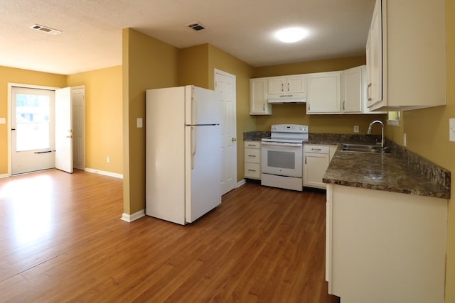 kitchen with under cabinet range hood, visible vents, white appliances, and a sink