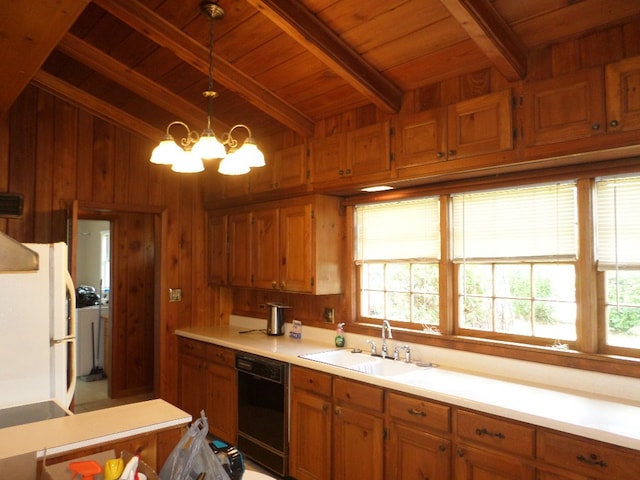 701 Collier St, Bainbridge, GA 39819 - kitchen with black dishwasher, freestanding refrigerator, separate washer and dryer, wood ceiling, and a chandelier
