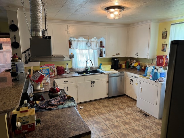 kitchen with sink, washer / clothes dryer, crown molding, white cabinets, and appliances with stainless steel finishes