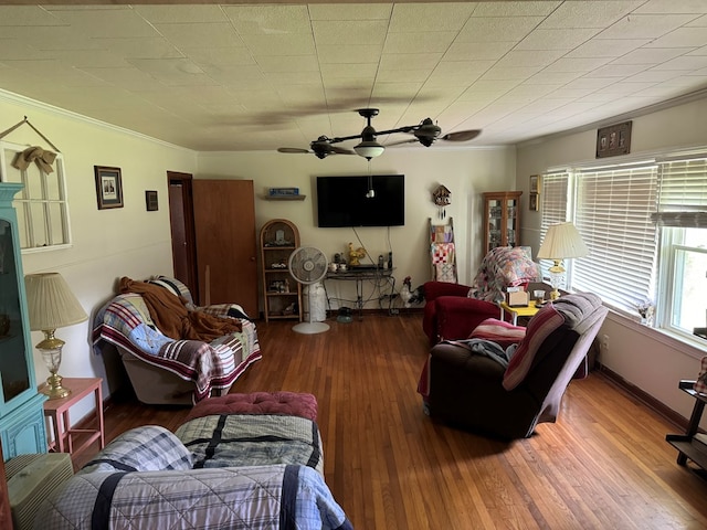 living room featuring wood-type flooring, ceiling fan, and crown molding