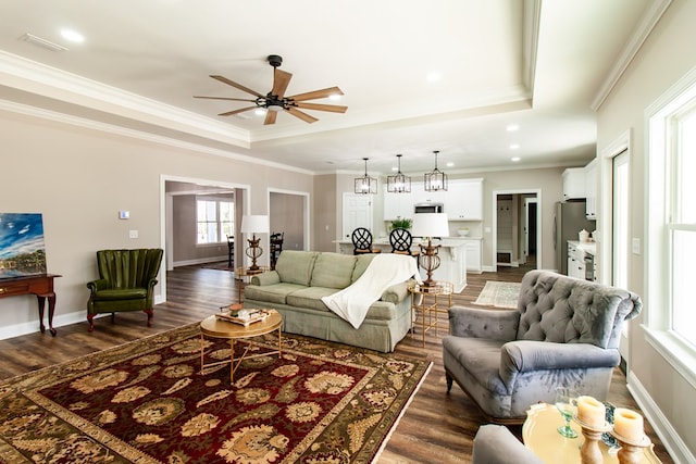 living room featuring dark wood-type flooring, ornamental molding, a ceiling fan, and a raised ceiling