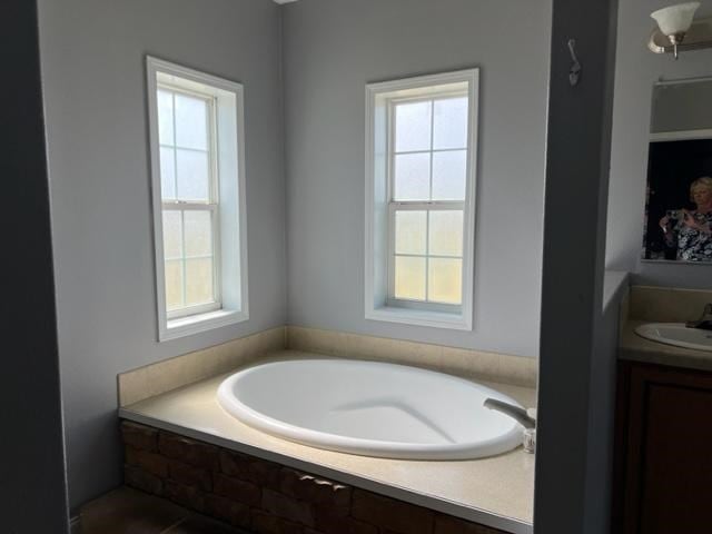 full bathroom with vanity, a bath, and a healthy amount of sunlight