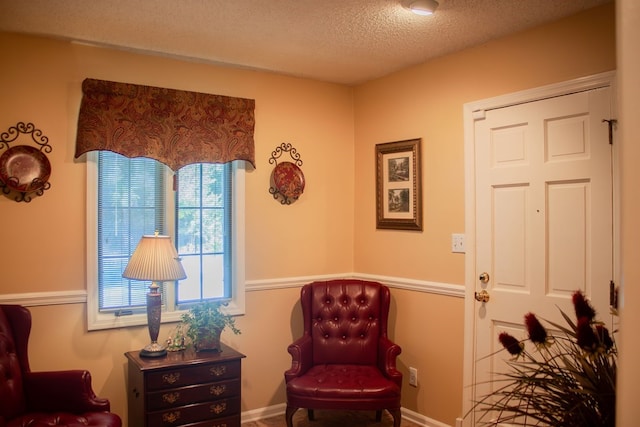 living area with a textured ceiling