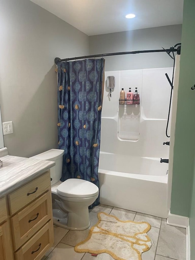 bathroom with vanity, toilet, tile patterned flooring, and shower / tub combo with curtain