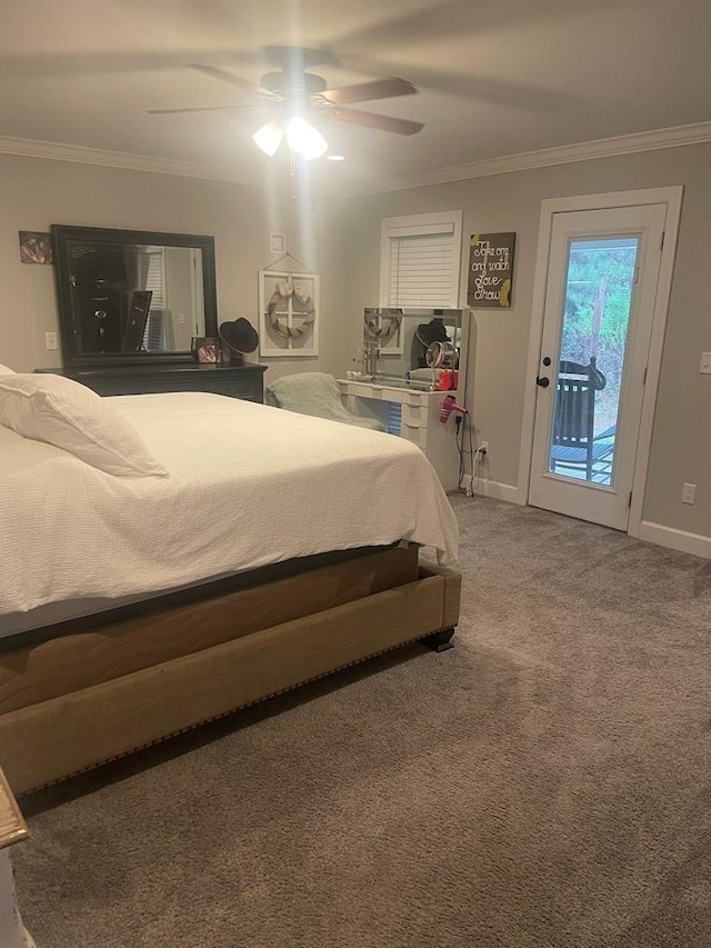 carpeted bedroom featuring ceiling fan, access to exterior, baseboards, and ornamental molding