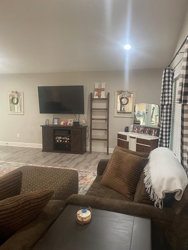 living area featuring baseboards and wood finished floors