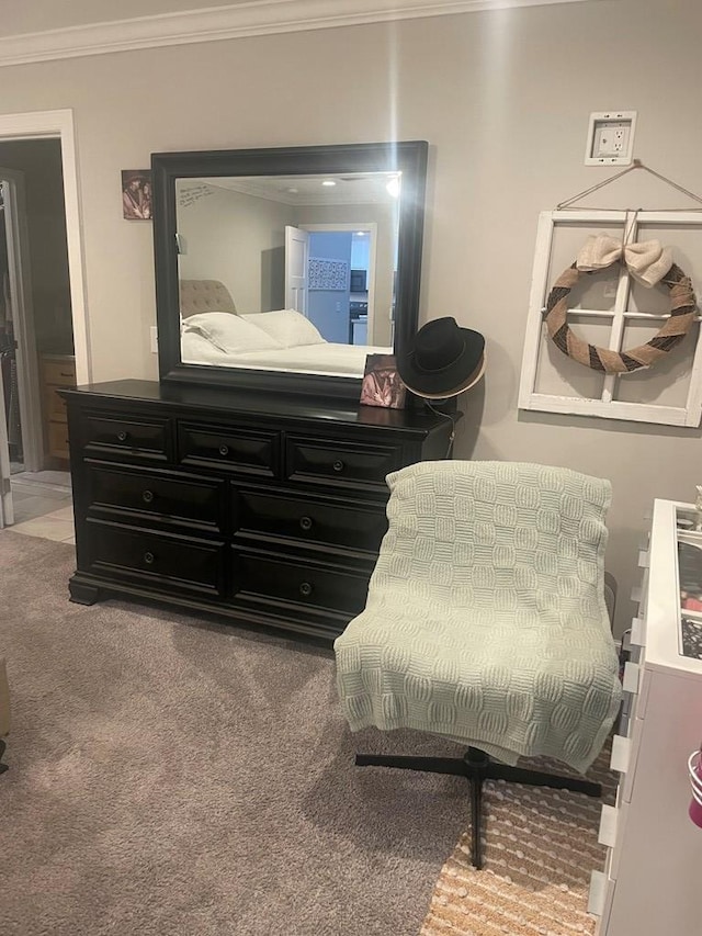 carpeted bedroom with crown molding