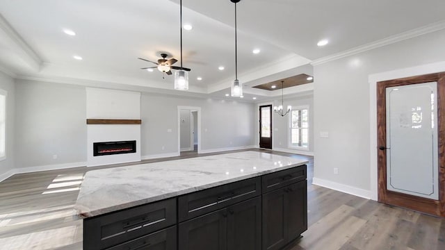 kitchen featuring pendant lighting, a tray ceiling, light stone countertops, and light hardwood / wood-style floors