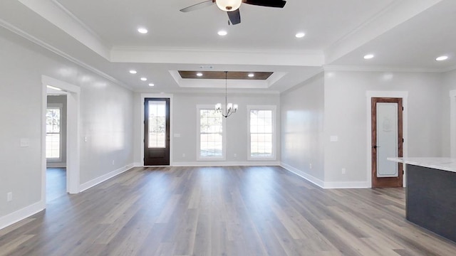 entryway featuring crown molding, a tray ceiling, and wood-type flooring