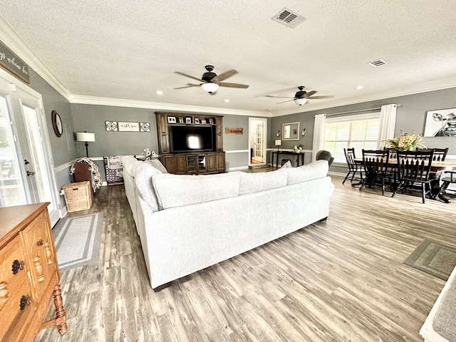 living room with hardwood / wood-style flooring, ceiling fan, crown molding, and a textured ceiling