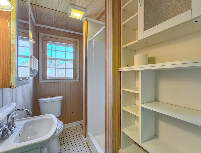 bathroom featuring toilet, wooden walls, and sink