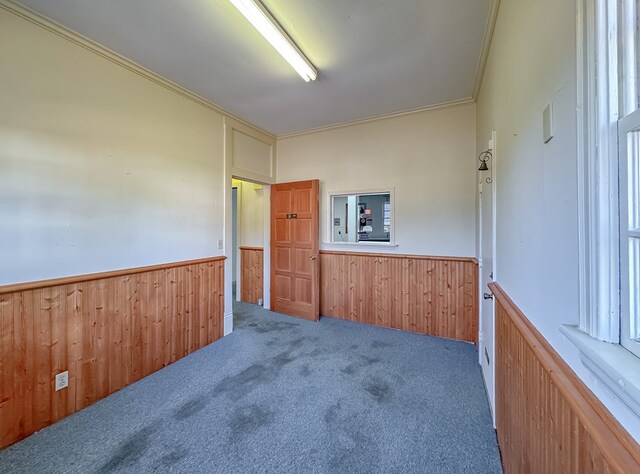 carpeted empty room with crown molding and wooden walls