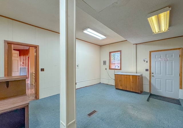 basement with carpet, a textured ceiling, wooden walls, and crown molding