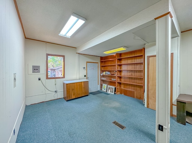 interior space with wooden walls, carpet floors, a textured ceiling, and ornamental molding