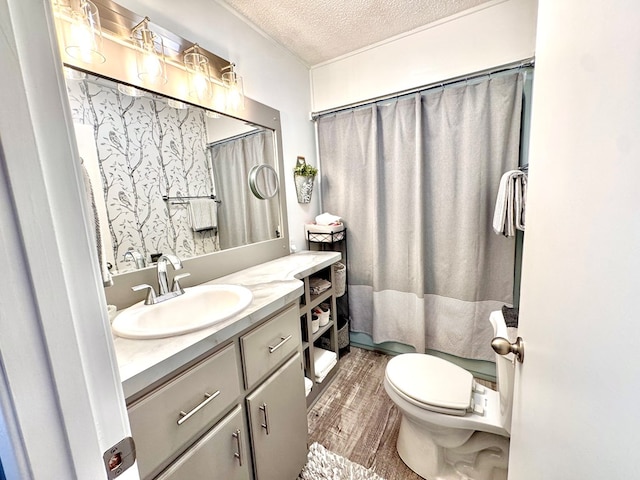 bathroom with vanity, wood-type flooring, toilet, and a textured ceiling