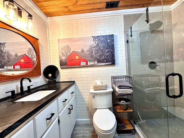 bathroom featuring vanity, an enclosed shower, wood ceiling, and toilet