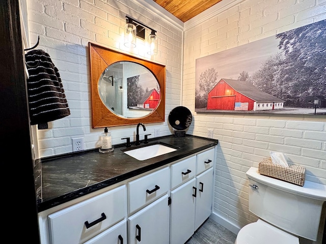 bathroom featuring vanity, brick wall, and toilet