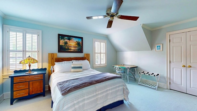 1389 Lake Front Dr, Cairo, GA 39828 - bedroom featuring light colored carpet, a closet, crown molding, and ceiling fan
