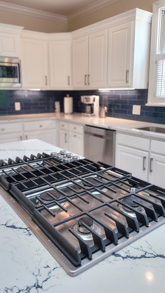 1389 Lake Front Dr, Cairo, GA 39828 - kitchen with stainless steel appliances, white cabinets, crown molding, and backsplash