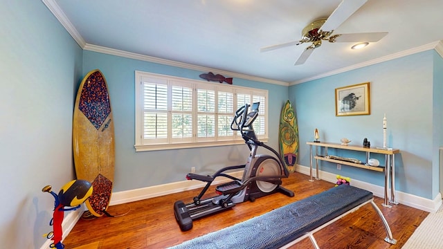1389 Lake Front Dr, Cairo, GA 39828 - workout area featuring wood finished floors, ornamental molding, and ceiling fan