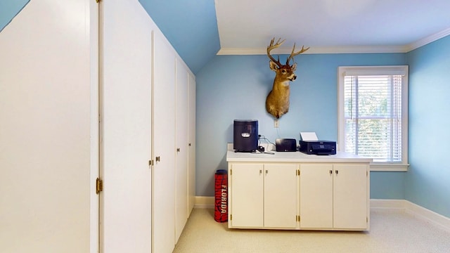 1389 Lake Front Dr, Cairo, GA 39828 - office with light carpet, ornamental molding, and lofted ceiling