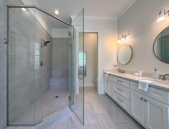 2579 Lake Douglas Rd, Bainbridge, GA 39819 - bathroom with crown molding, toilet, a shower stall, marble finish floor, and double vanity