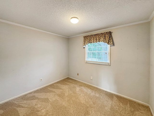 carpeted spare room featuring a textured ceiling and ornamental molding